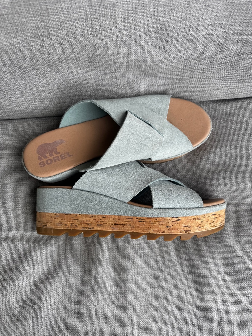 Sorel Cameron Flatform Sandal
- Women's Light Blue Cork Platform Slide Sandals